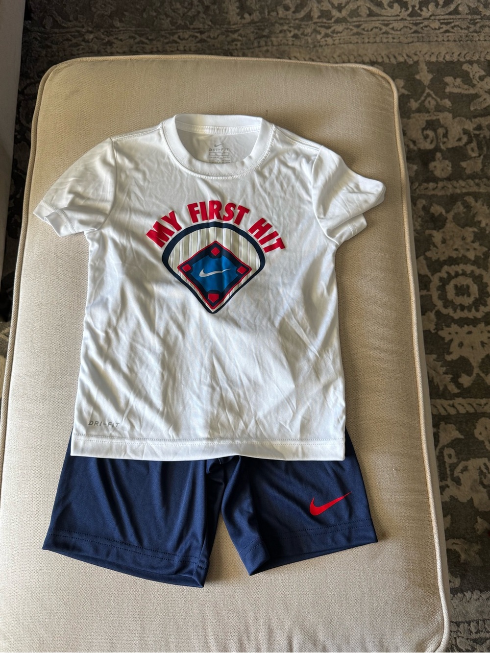 Nike White 'My First Hit' Graphic Tee with Navy Shorts
